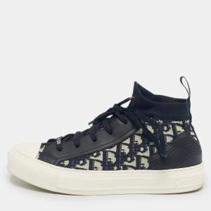 Pre Owned Dior Navy Blue Knit Fabric and Leather Walk'n'Dior Mid Top Sneakers Size 38