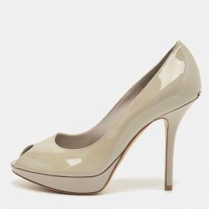 Pre Owned Dior Grey Patent Leather Peep Toe Platform Pumps Size 36.5