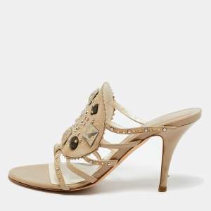 Pre Owned Dior Beige Leather and Suede Studded Embellish Slide Sandals Size 36