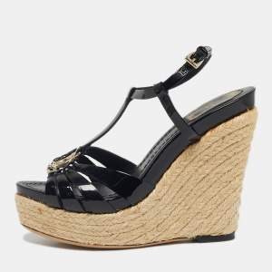 Pre Owned Dior Black Patent Strappy Wedge Sandals Size 36