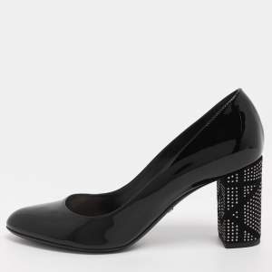 Pre Owned Dior Black Patent Leather Embellished Block Heel Pumps Size 39.5