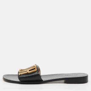 Pre Owned Dior Black Leather Diorevolution Logo Flat Slide Sandals Size 39