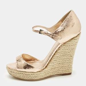 Pre Owned Dior Gold Rose Snakeskin Embossed Leather Wedge Sandals Size 36