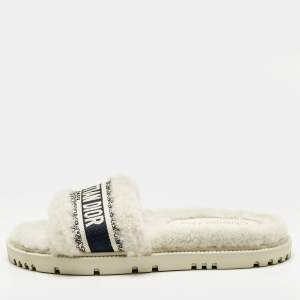 Pre Owned Dior White/Navy Blue Shearling Fur and Logo Canvas Dway Flat Slides Size 38