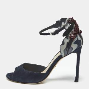 Pre Owned Dior Navy Blue/Black Leather and Suede Ankle Strap Sandals Size 38
