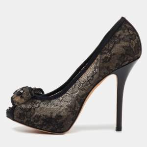 Pre Owned Dior Black Mesh and Fabric Bow Peep Toe Platform Pumps Size 37.5