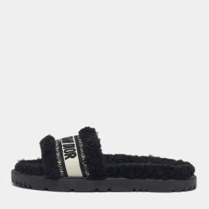 Pre Owned Dior Black/White Shearling Fur Dway Flat Slide Sandals Size 38.5