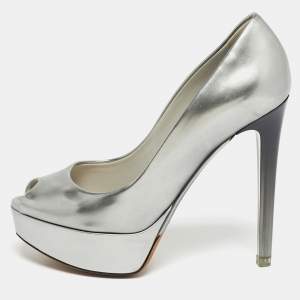 Pre Owned Dior Silver Patent Leather Miss Dior Peep Toe Pumps Size 35