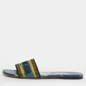 Pre Owned Dior Dway Size 40 Multicolor Embroidered Canvas Flat Slide Sandals