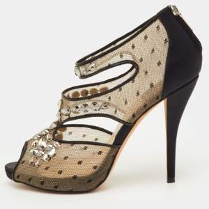 Pre Owned Dior Size 39.5 Black Mesh and Satin Cut Out Crystal Embellished Peep Toe Sandals