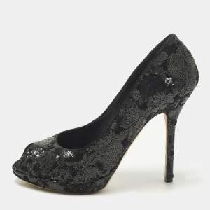 Pre Owned Dior Size 40 Black Sequins Peep Toe Platform Pumps