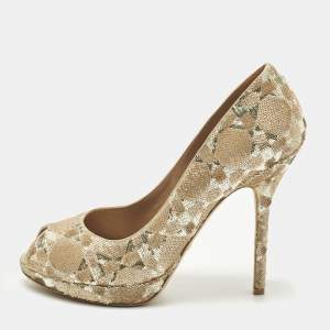 Pre Owned Christian Dior Size 40 Beige Sequins Peep Toe Pumps