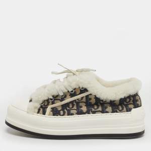 Pre Owned حذاء رياضي ديور والكن ديور دانتيل بطبقة من الصوف وأقمشة زرقاء بحرية مقاس 37