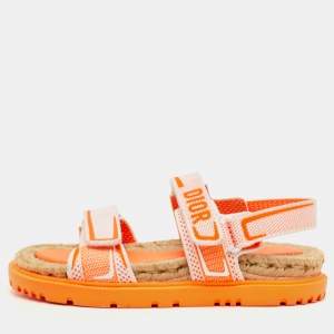 Pre Owned Dior Dioract Size 39 Orange/White Canvas Ankle Strap Sandals