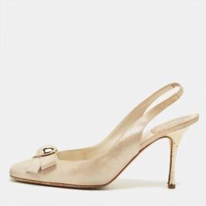 Pre Owned Dior Size 40 Cream Nubuck Leather Bow Slingback Pumps