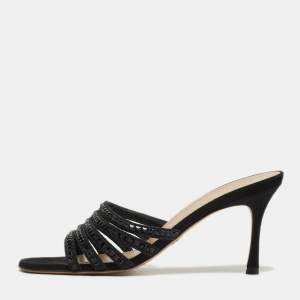 مملوكة مسبقًا Dior Size 38 Black Suede Crystal Embellished Slide Sandals