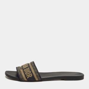 Pre Owned Dior Dway Size 39.5 Navy Blue Embroidered Canvas Flat Slides 