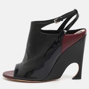 Pre Owned Dior Size 37.5 Black Patent Leather Wedge Slingback Sandals