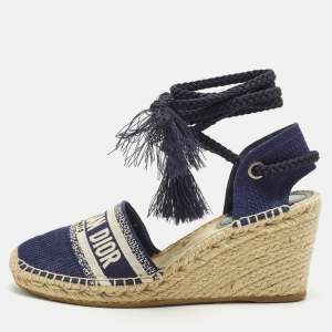 Pre Owned Dior Granville Size 40.5 Navy Blue Knit Fabric Wedge Sandals
