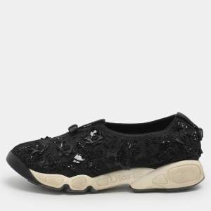 مملوكة مسبقًا Dior Fusion Size 37 Black Mesh Flower Embellished Low Top Sneakers