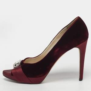 Pre Owned Dior Empire Size 41 Burgundy Velvet Crystal Embellished Peep Toe Pumps