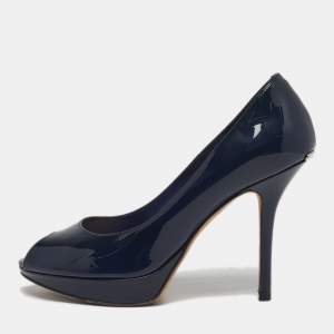 Pre Owned Dior Miss Dior Size 37 Navy Blue Patent Leather Peep Toe Pumps