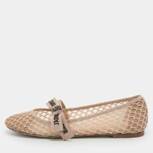 Pre Owned Dior J'Adior Size 37 Beige Mesh Ballet Flats