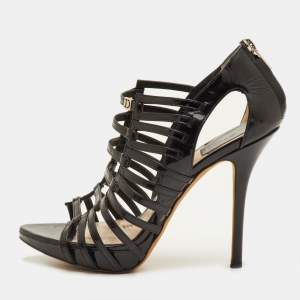 Pre Owned صندل ديور باتنت كعب سميك سيور جلد لامع أسود مقاس 36.5