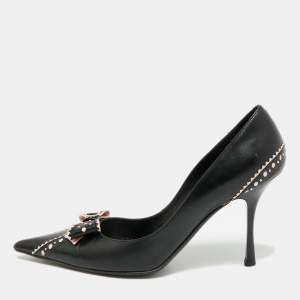 مملوكة مسبقًا Dior Bow Size 37.5 Black/Pink Leather Bow Pointed Toe Pumps