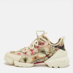 Pre Owned Dior D-Connect Size 38 Multicolor Print Leather and Neoprene Kaleidoscopic Low Top Sneakers