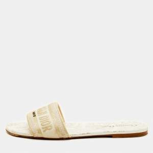 Pre Owned Dior Dway Size 42 White/Gold Embroidered Canvas Flat Slide Sandals