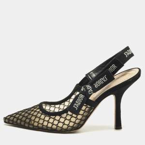 مملوكة مسبقًا Dior J'Adior Size 38 Black Net and Woven Straw Slingback Sandals