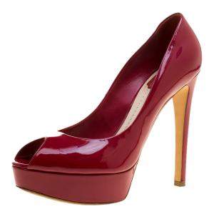 Dior Burgundy Patent Leather Miss Dior Peep Toe Platform Pumps Size 39