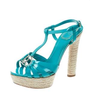 Dior Jade Green Patent Leather T Strap Espadrille Platform Sandals Size 36