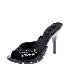 Dior Black Quilted Patent Leather Buckle Detail Open Toe Slide Sandals Size 37.5