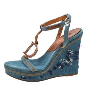 Dior Blue Denim Embroidered Ankle Wrap Wedge Platform Sandals Size 36.5
