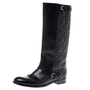 مملوكة مسبقًا Dior Black Cannage Leather City Knee High Boots Size 38 