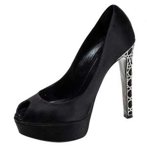 Pre Owned حذاء كعب عالي ديور كعب كاناج مقدمة مفتوحة نعل سميك ساتان أسود مقاس 36.5