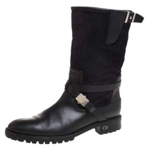 Pre Owned حذاء بوت كاحل ديور مزين إبزيم سويدي و جلد أسود مقاس 38