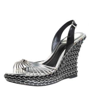 Dior Two Tone Patent Leather And Braid Woven Wedge Slingback Platform Sandals Size 36