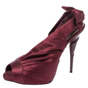 Dior Burgundy Satin Peep Toe Ruffle Detail Bow Slingback Platform Sandals Size 39