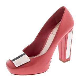 Pre Owned Dior Red Leather Metal Plate Block Heel Pumps Size 38