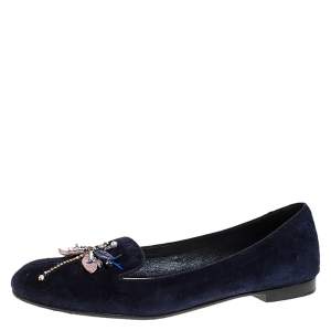 Pre Owned Dior Blue Suede Butterfly Embellished Smoking Slippers Size 38