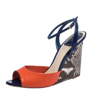 Dior Multicolor Leather and Python Ankle Strap Wedge Sandals Size 39