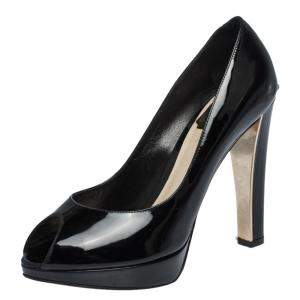 Dior Black Patent Leather Peep Toe Platform Pumps Size 36.5