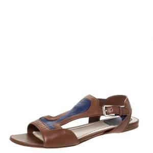 Dior Brown/Blue Leather Open Toe Ankle Strap Flat Sandals Size 38.5