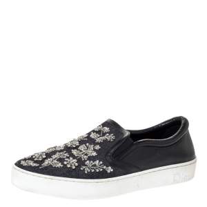 Pre Owned Dior Indigo Crystal Embellished Dark Wash Denim And Leather Happy Slip On Sneakers Size 41