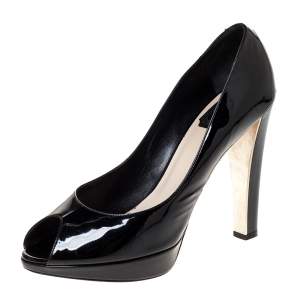 Pre Owned حذاء كعب عالي ديور ميس ديور مقدمة مفتوحة نعل سميك جلد لامع أسود مقاس 39