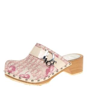 Dior Pink/White Diorissimo Canvas And Patent Leather Trim Clog Mules Size 37