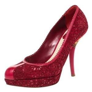 مملوكة مسبقًا Dior Red Leather and Laser Cut Suede Dior Byz Platform Pumps Size 37.5